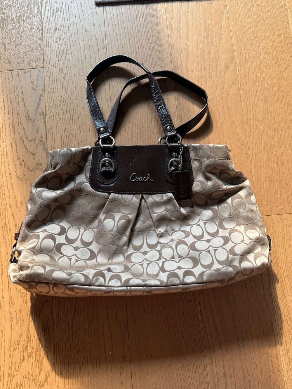 Coach Beige Signature Ashley Shoulder Tote with Brown Leather Trim